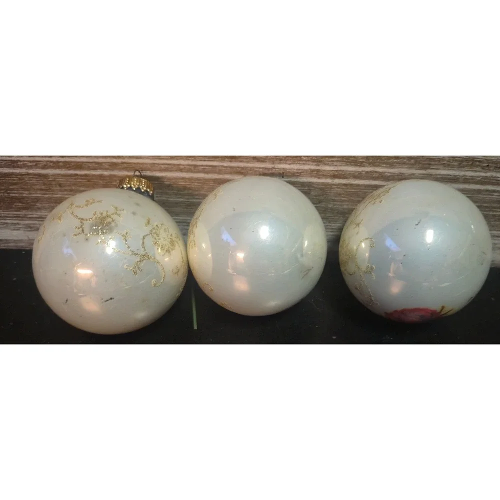 Vintage Style Glass Rose Christmas Ornaments Floral Gold Glitter Set of 3 White